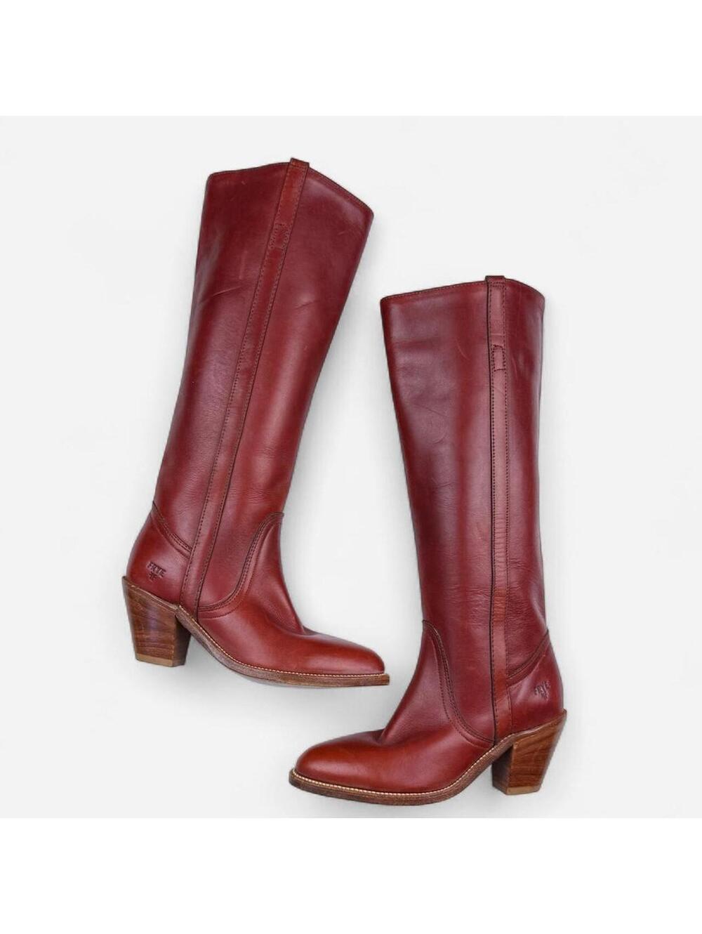 Frye 70s Campus Boots Tall Leather Stacked Heel in Oxblood Burgundy